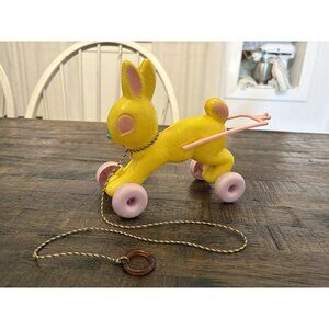 Vintage Empire Plastic Blow Mold Easter Bunny Rabbit On Wheels Pull Toy